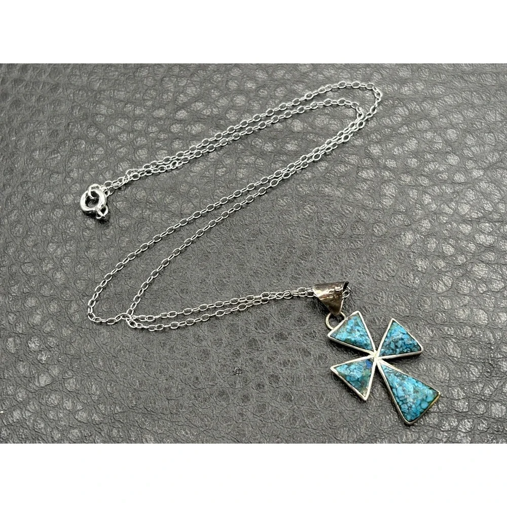 Vintage Sterling Silver Mexico Turquoise Inlay Cross Pendant 15